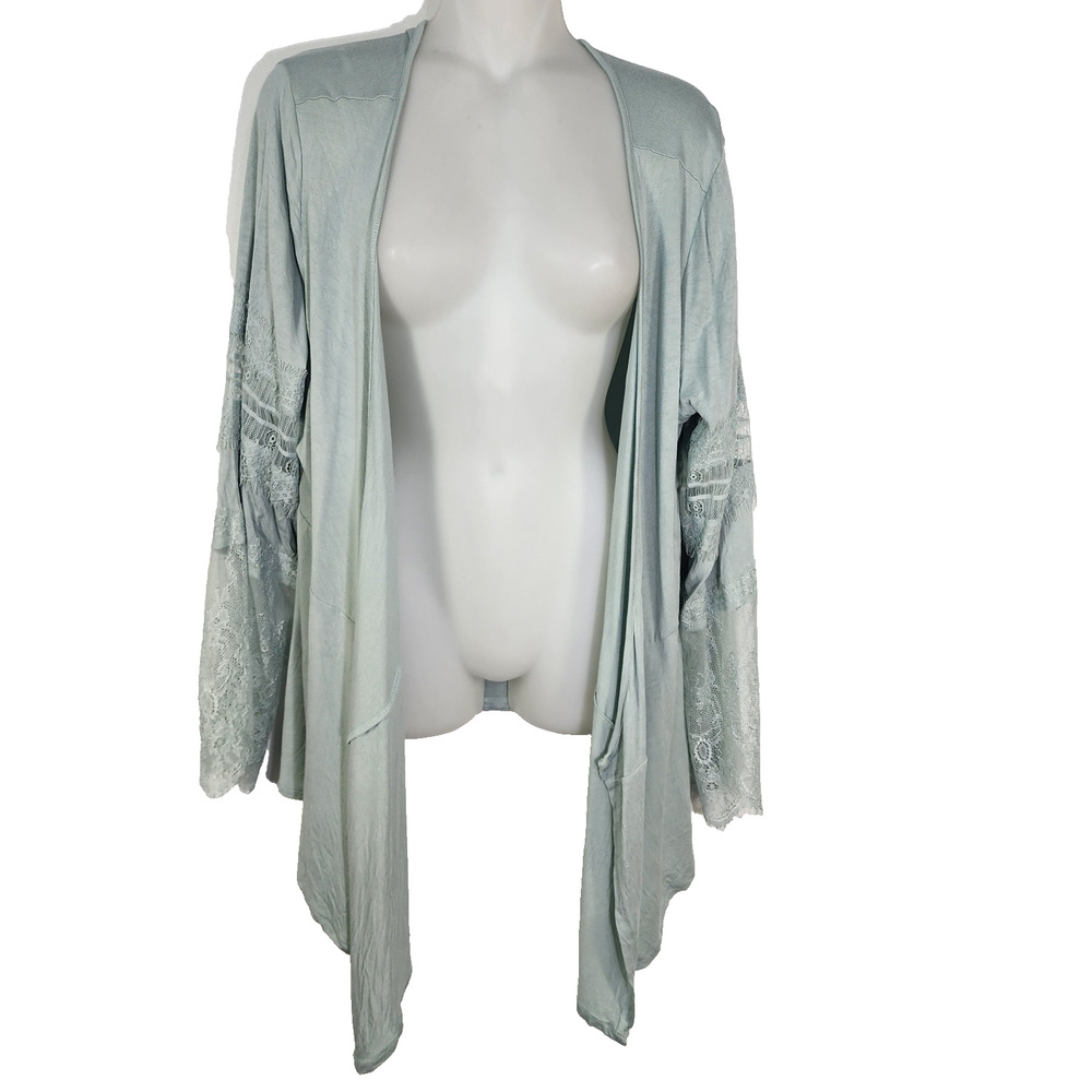 Midnight Velvet Cardigan Women's Size Large Green Lace Sheer Fringe Long Sleeve